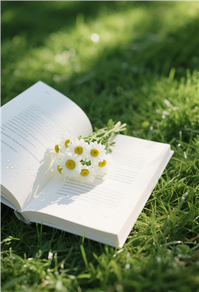 绿色草地小雏菊翻页的书图片